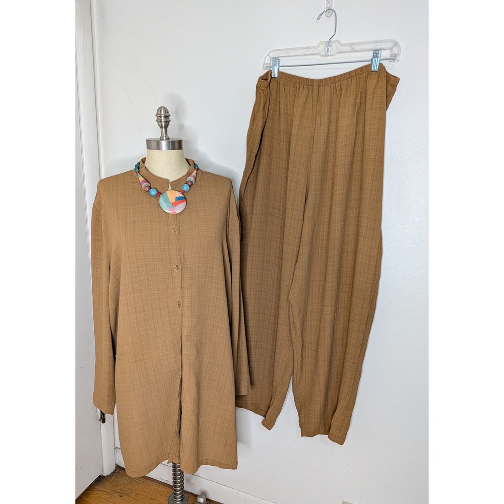 Eileen Fisher 2X Brown Linen Blend Tunic/Pants Set Italian Fabric Quiet Luxury